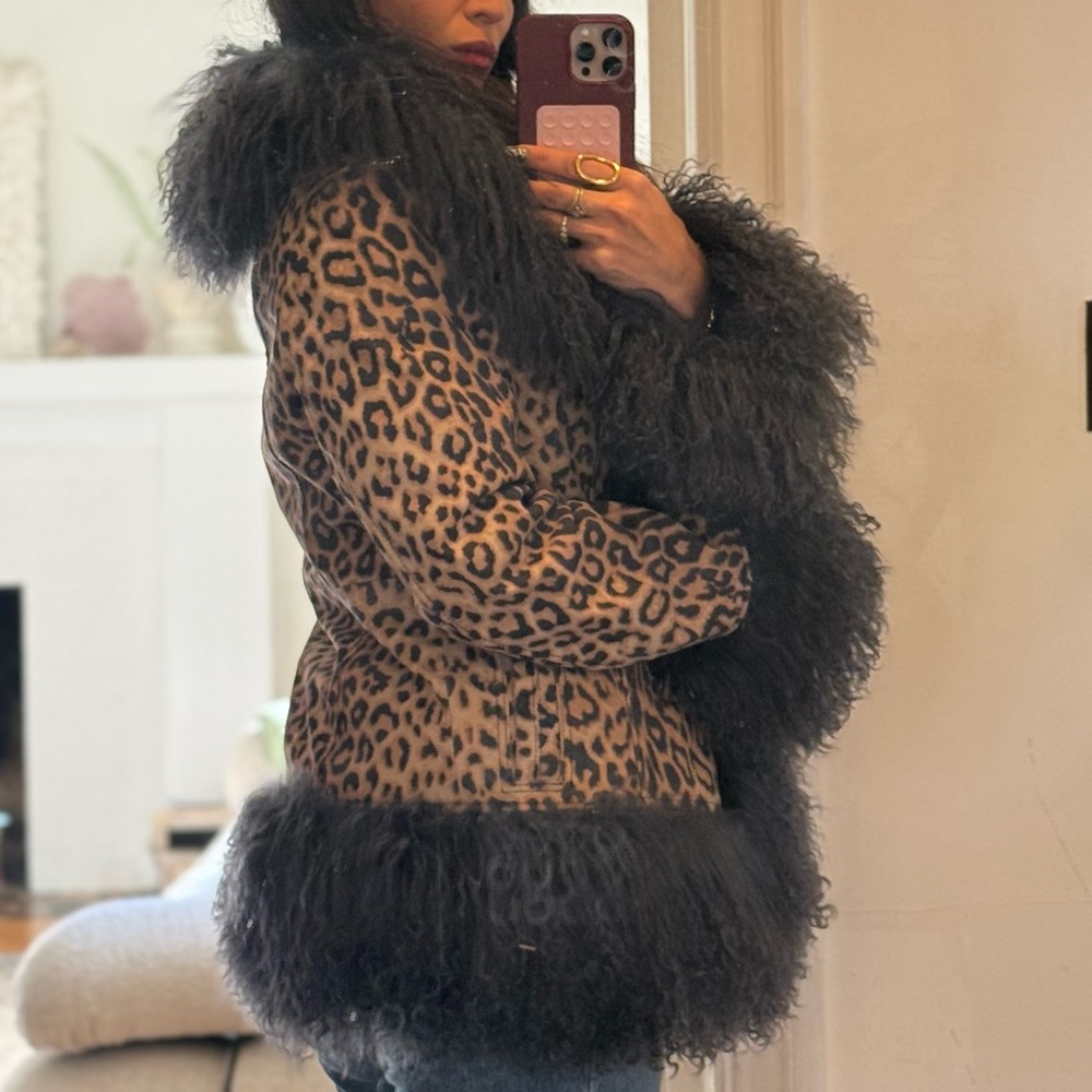 KONG Leopard Suede Mongolian Lamb Trim Jacket - Charcoal- Size S - Picture 5 of 11